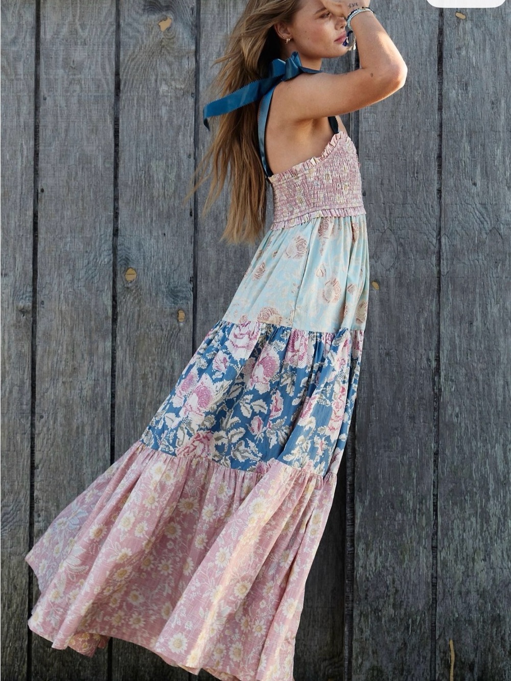 Free People Smocked Top with Blue Floral Skirt and Navy Ribbon Blue Bell Maxi - Picture 8 of 8